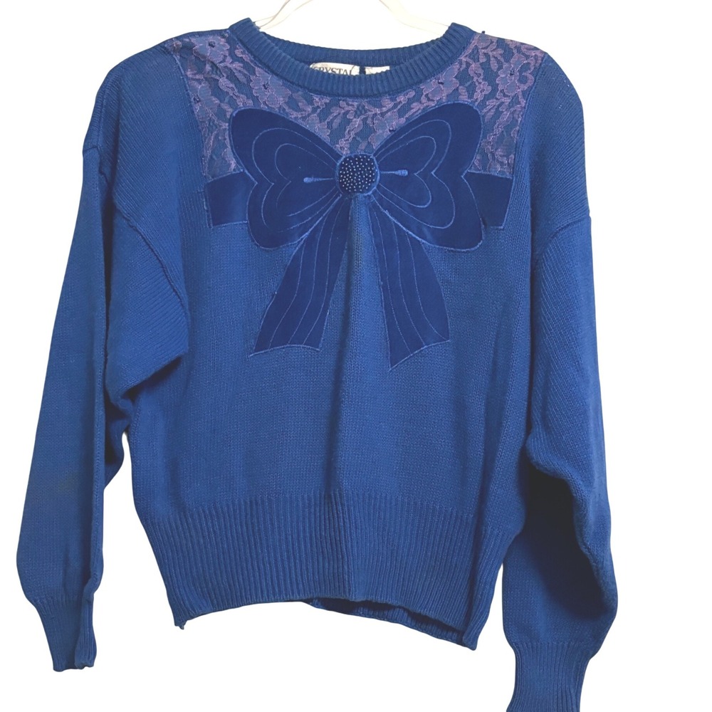 Vintage 80s Crystal Sportswear‎ Lace & Velvet Bow Sweater